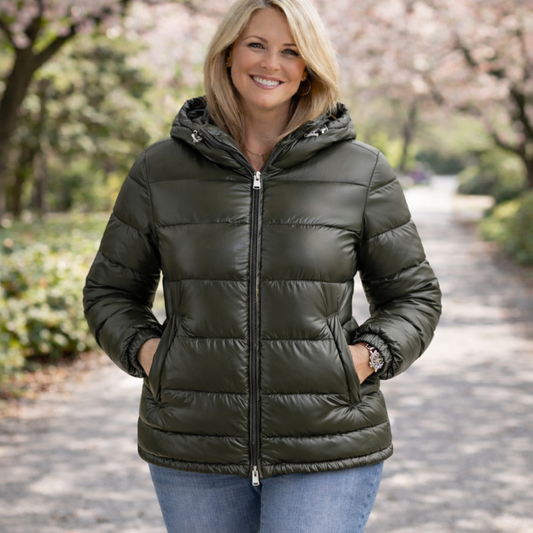 Damen-Winterjacke – glänzender Puffer-Mantel mit Kapuze