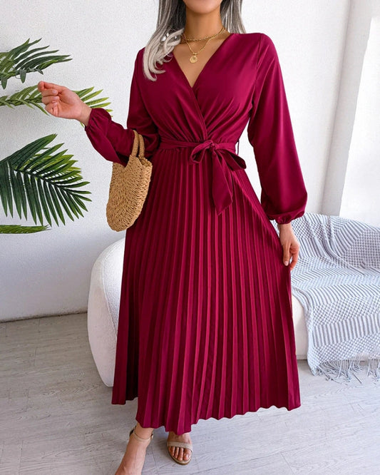 Abendkleid Damen festlich | Maxi Plissee Langarm