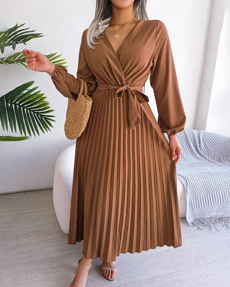 Abendkleid Damen festlich | Maxi Plissee Langarm