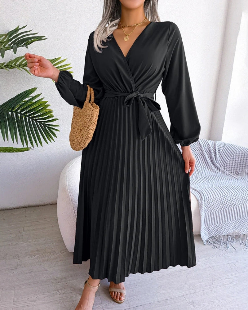 Abendkleid Damen festlich | Maxi Plissee Langarm