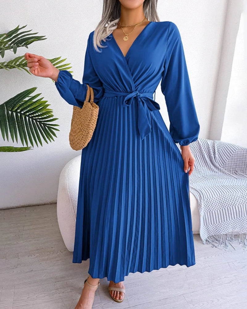 Abendkleid Damen festlich | Maxi Plissee Langarm