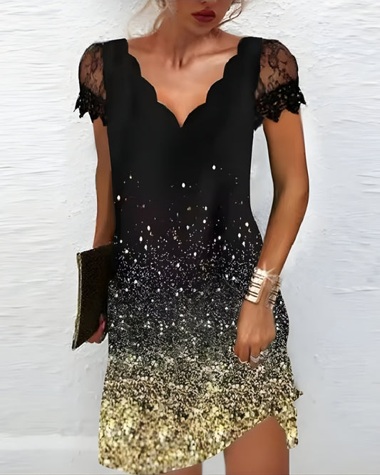 Abendkleid Midi mit Spitze und Glitzer-Optik – Kurzes Damenkleid mit asymmetrischem Saum