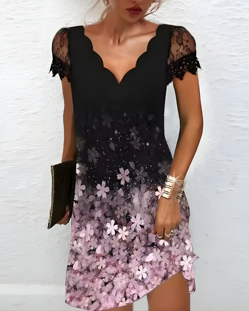 Abendkleid Midi mit Spitze und Glitzer-Optik – Kurzes Damenkleid mit asymmetrischem Saum