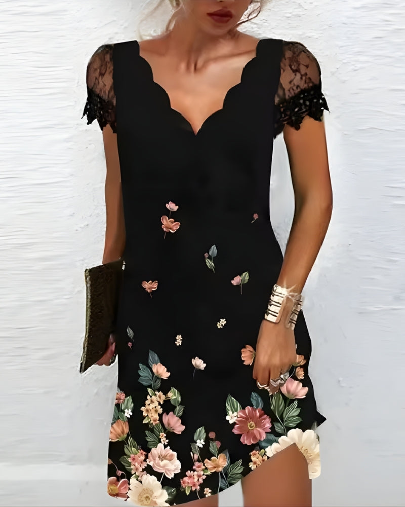 Abendkleid Midi mit Spitze und Glitzer-Optik – Kurzes Damenkleid mit asymmetrischem Saum