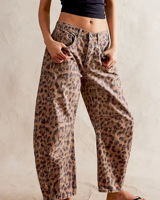 Baggy Jeans Damen – Weite Barrel Jeans mit Animal Print und hoher Taille für den Winter