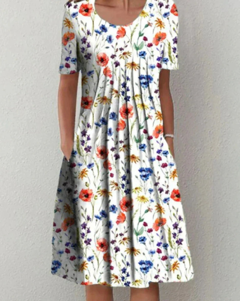 Blumen Sommerkleid Damen kurzarm mit Taschen | Midi
