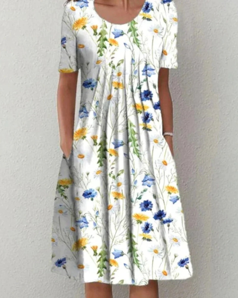 Blumen Sommerkleid Damen kurzarm mit Taschen | Midi