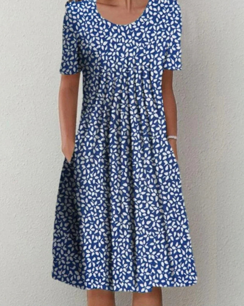 Blumen Sommerkleid Damen kurzarm mit Taschen | Midi