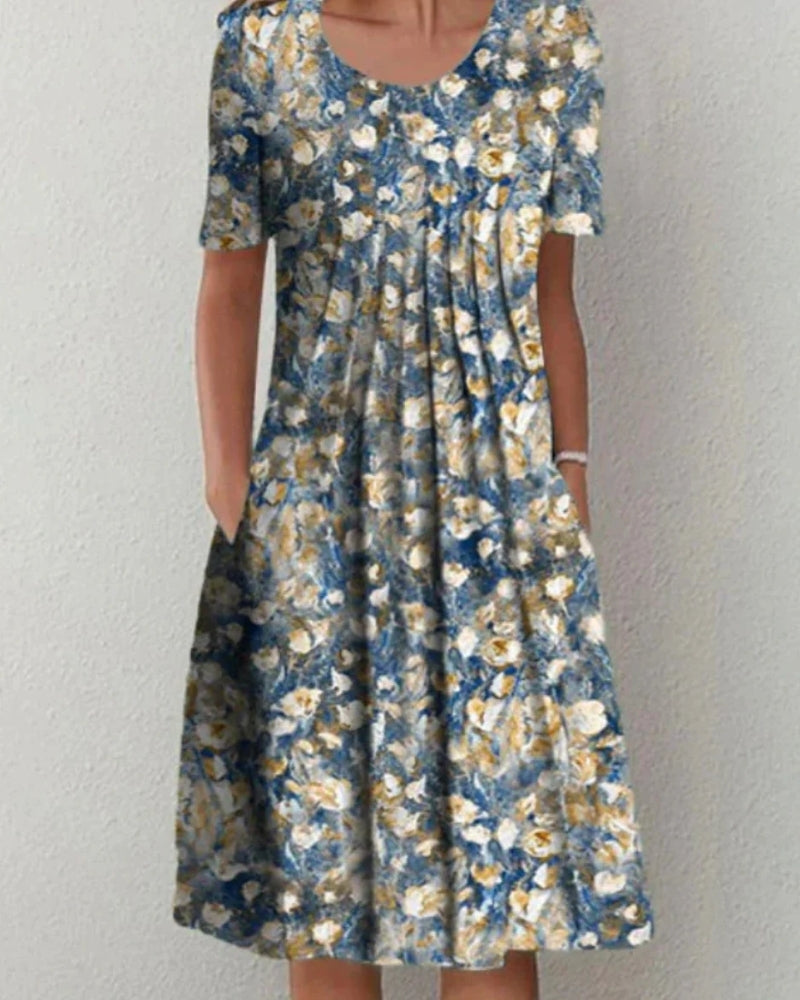 Blumen Sommerkleid Damen kurzarm mit Taschen | Midi