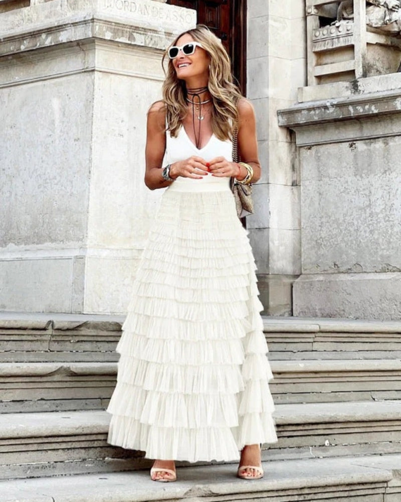 Boho Damen Maxi Rock mit hoher Taille | Gestuftes Design