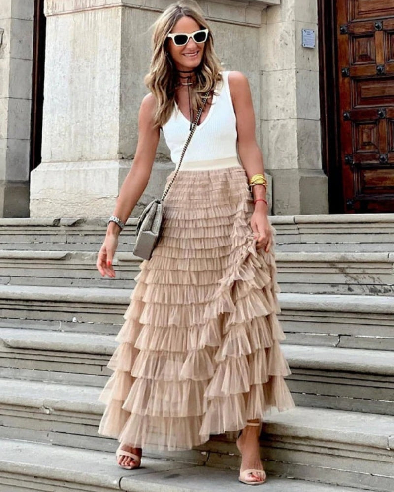 Boho Damen Maxi Rock mit hoher Taille | Gestuftes Design