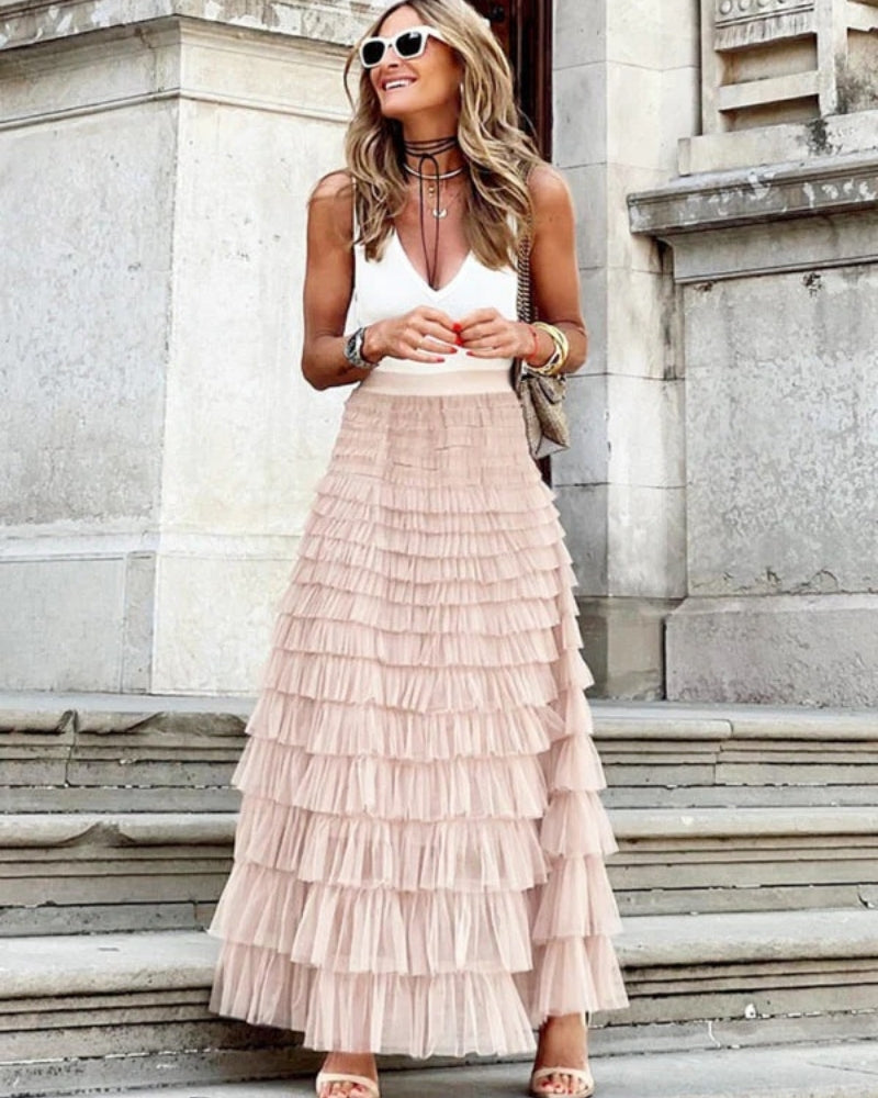 Boho Damen Maxi Rock mit hoher Taille | Gestuftes Design