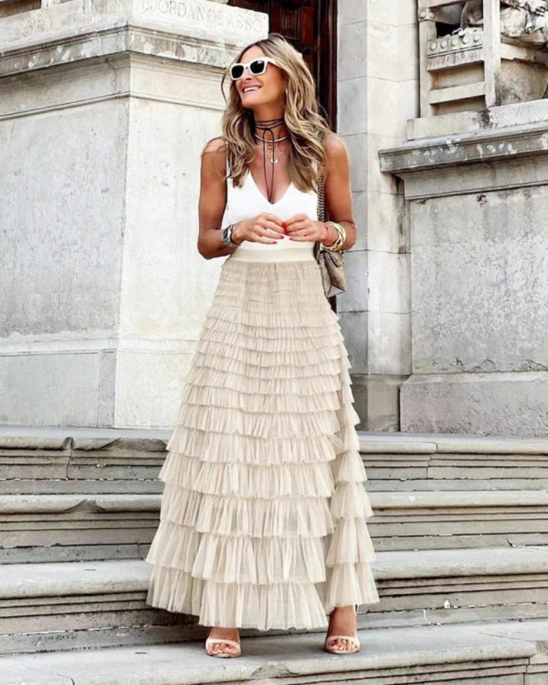 Boho Damen Maxi Rock mit hoher Taille | Gestuftes Design