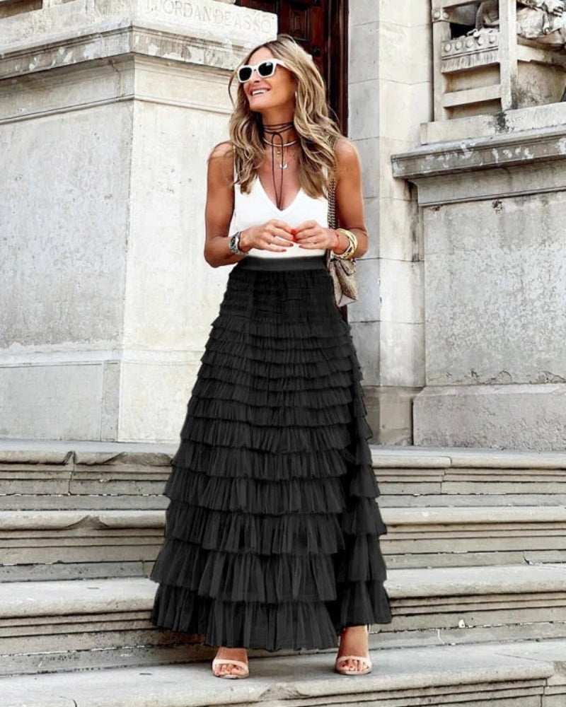 Boho Damen Maxi Rock mit hoher Taille | Gestuftes Design