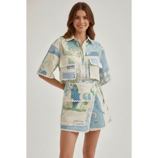 Clara | Damen Zweiteiler Mit Shorts Und Patchwork Für Freizeit