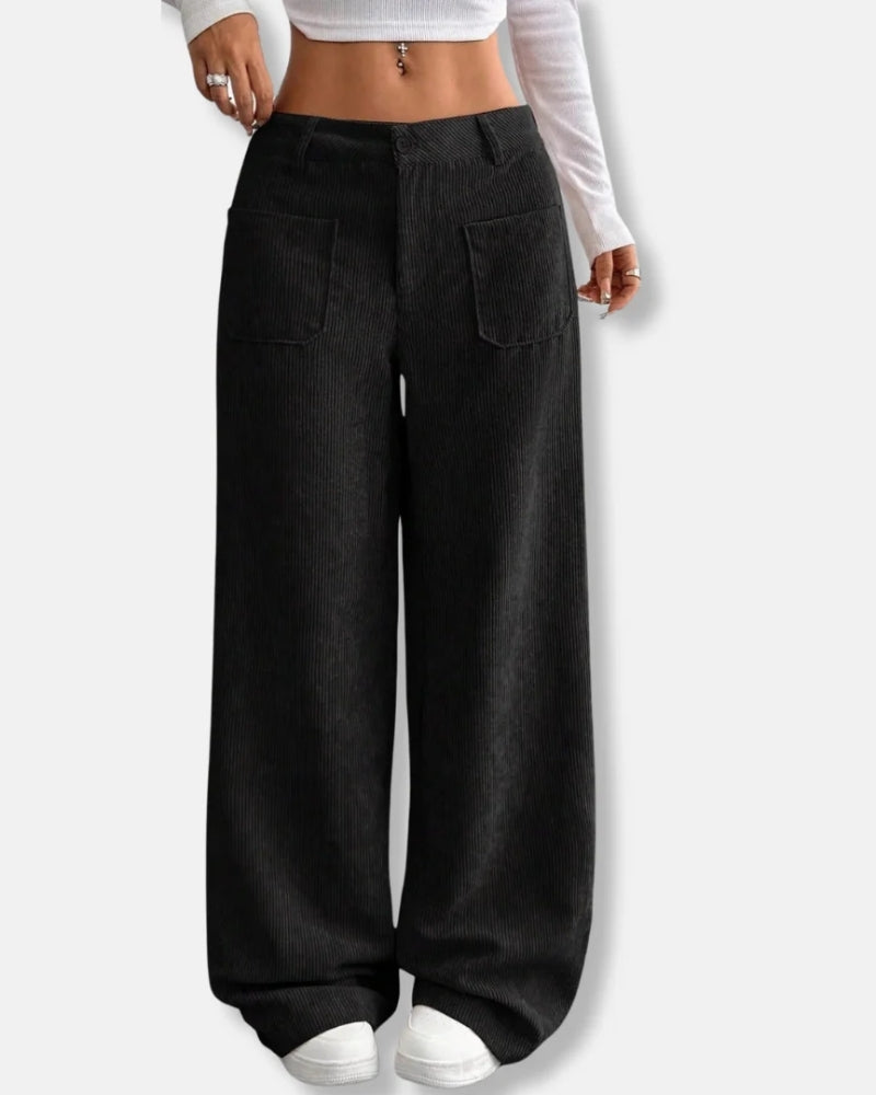 Damen Cordhose – Weit geschnittene Hose mit hoher Taille und Taschen
