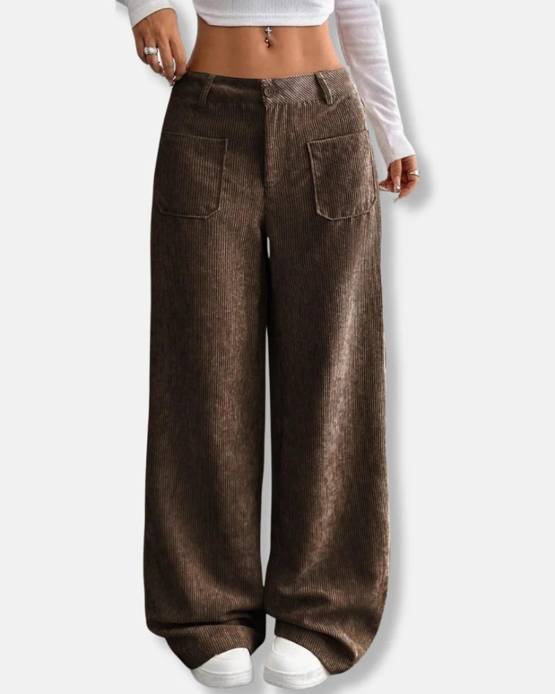 Damen Cordhose – Weit geschnittene Hose mit hoher Taille und Taschen