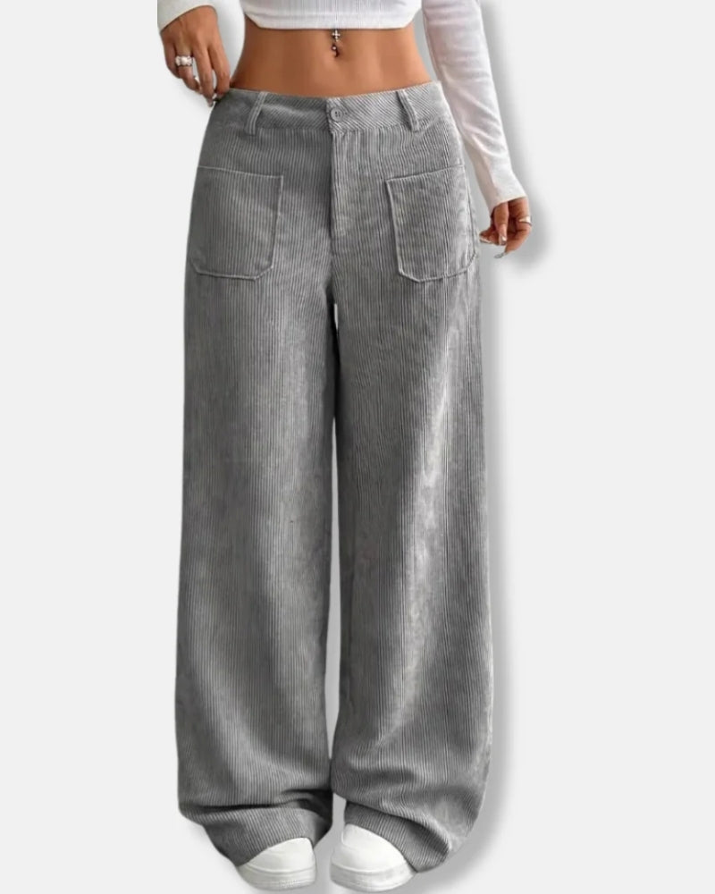 Damen Cordhose – Weit geschnittene Hose mit hoher Taille und Taschen