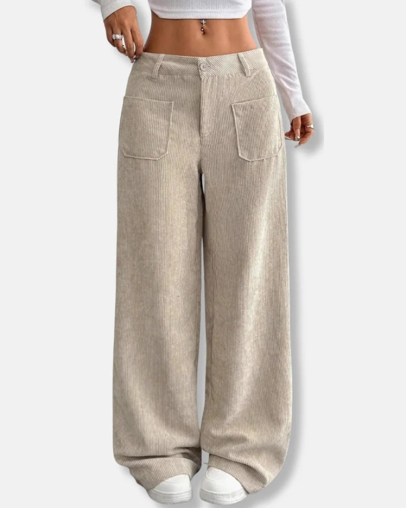 Damen Cordhose – Weit geschnittene Hose mit hoher Taille und Taschen