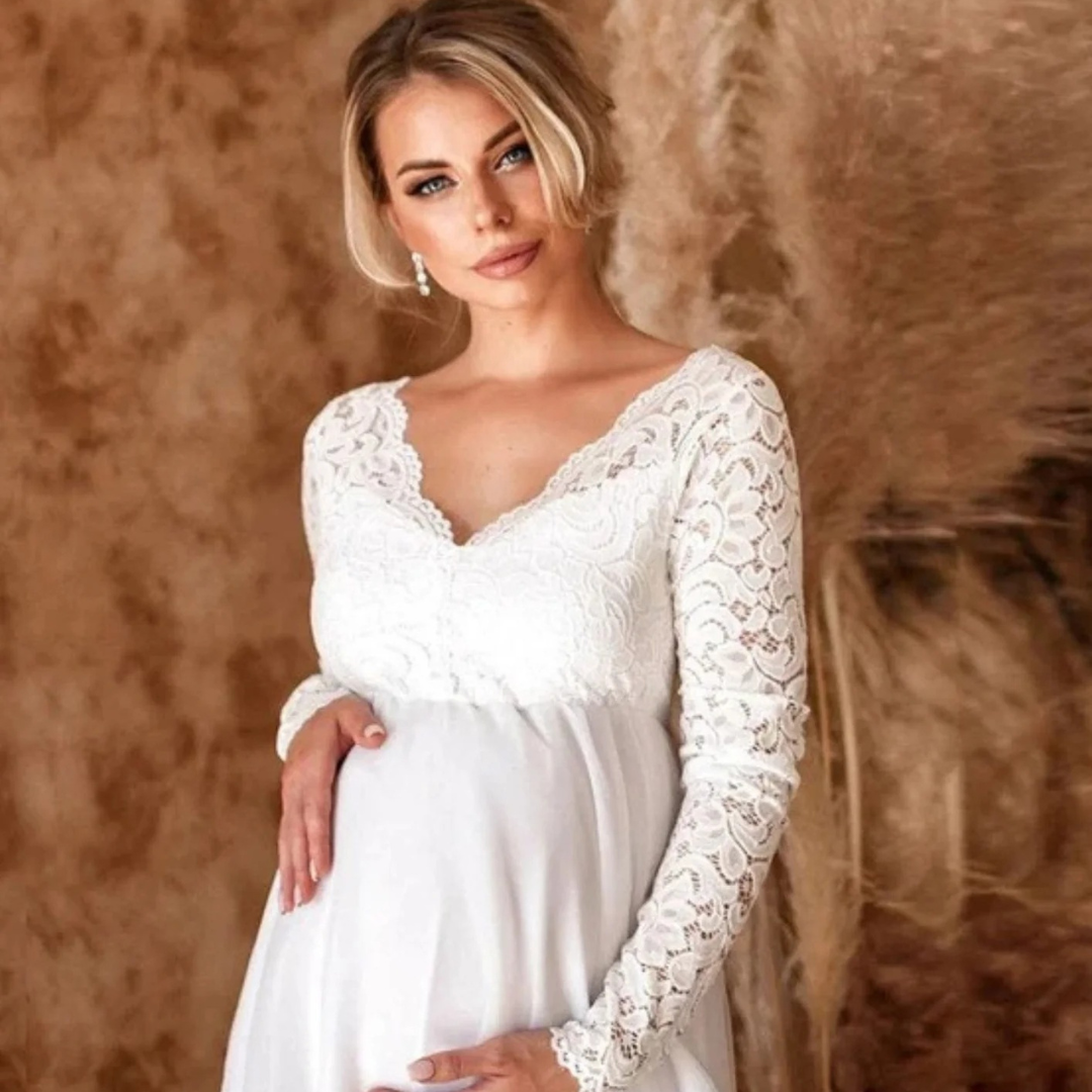 Damen Maxi Abendkleid – Langärmeliges Spitzenkleid als Hochzeitsgast Kleid