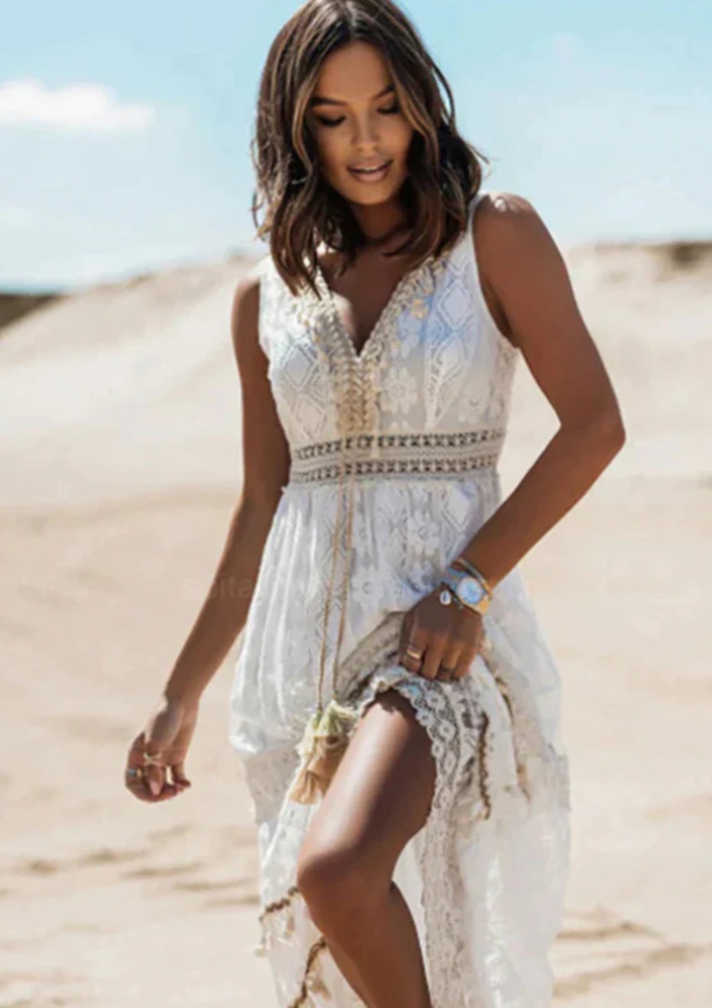 Damen Maxi Kleid im Boho Stil – Ärmelloses Spitzenkleid als Hochzeitsgast Kleid