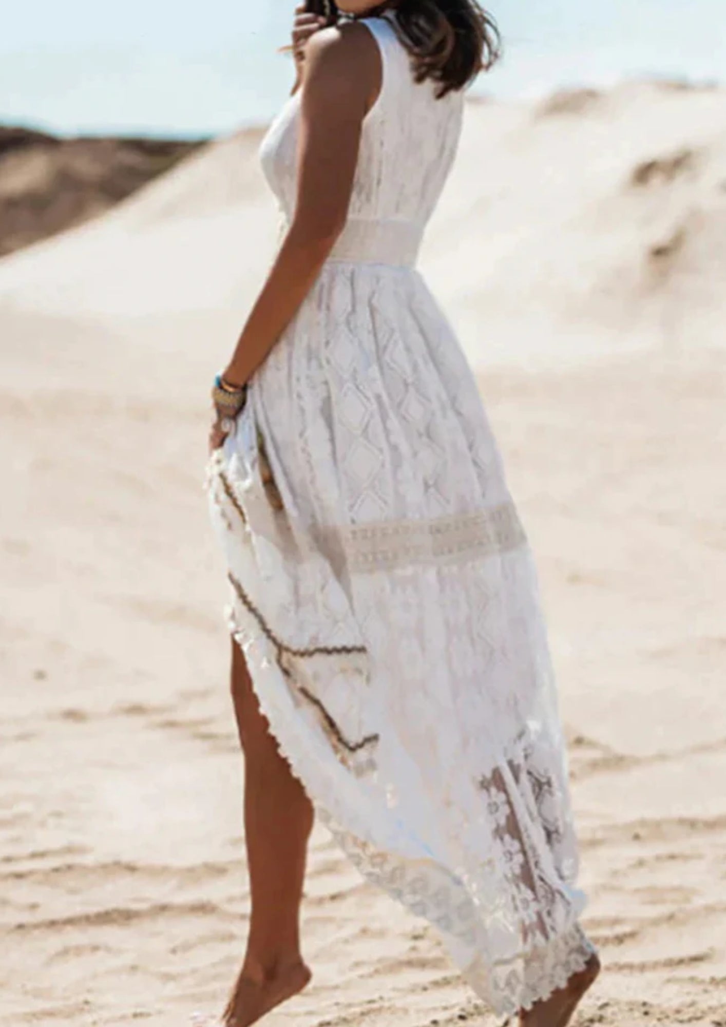 Damen Maxi Kleid im Boho Stil – Ärmelloses Spitzenkleid als Hochzeitsgast Kleid