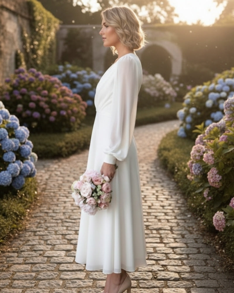 Damen Midi Abendkleid – Langärmeliges Kleid mit V-Ausschnitt für Hochzeitsgäste