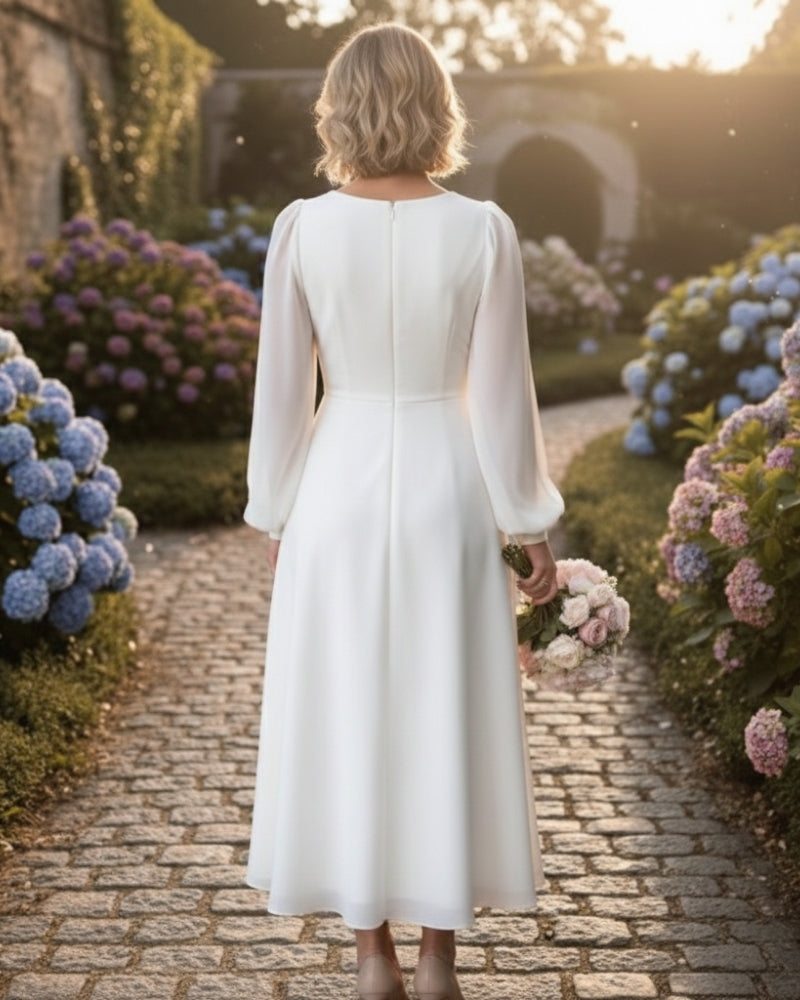 Damen Midi Abendkleid – Langärmeliges Kleid mit V-Ausschnitt für Hochzeitsgäste