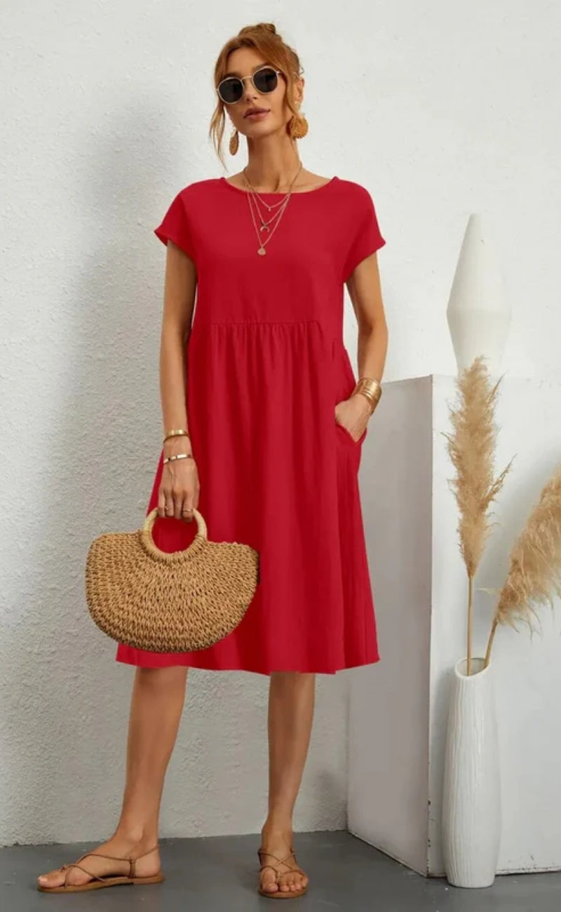 Damen Midikleid mit Rundhalsausschnitt und kurzen Ärmeln mit Taschen