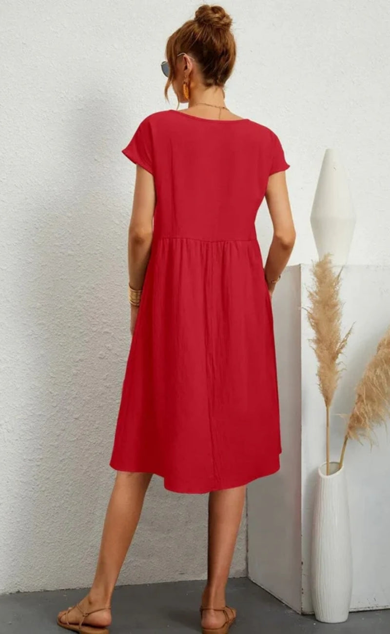 Damen Midikleid mit Rundhalsausschnitt und kurzen Ärmeln mit Taschen