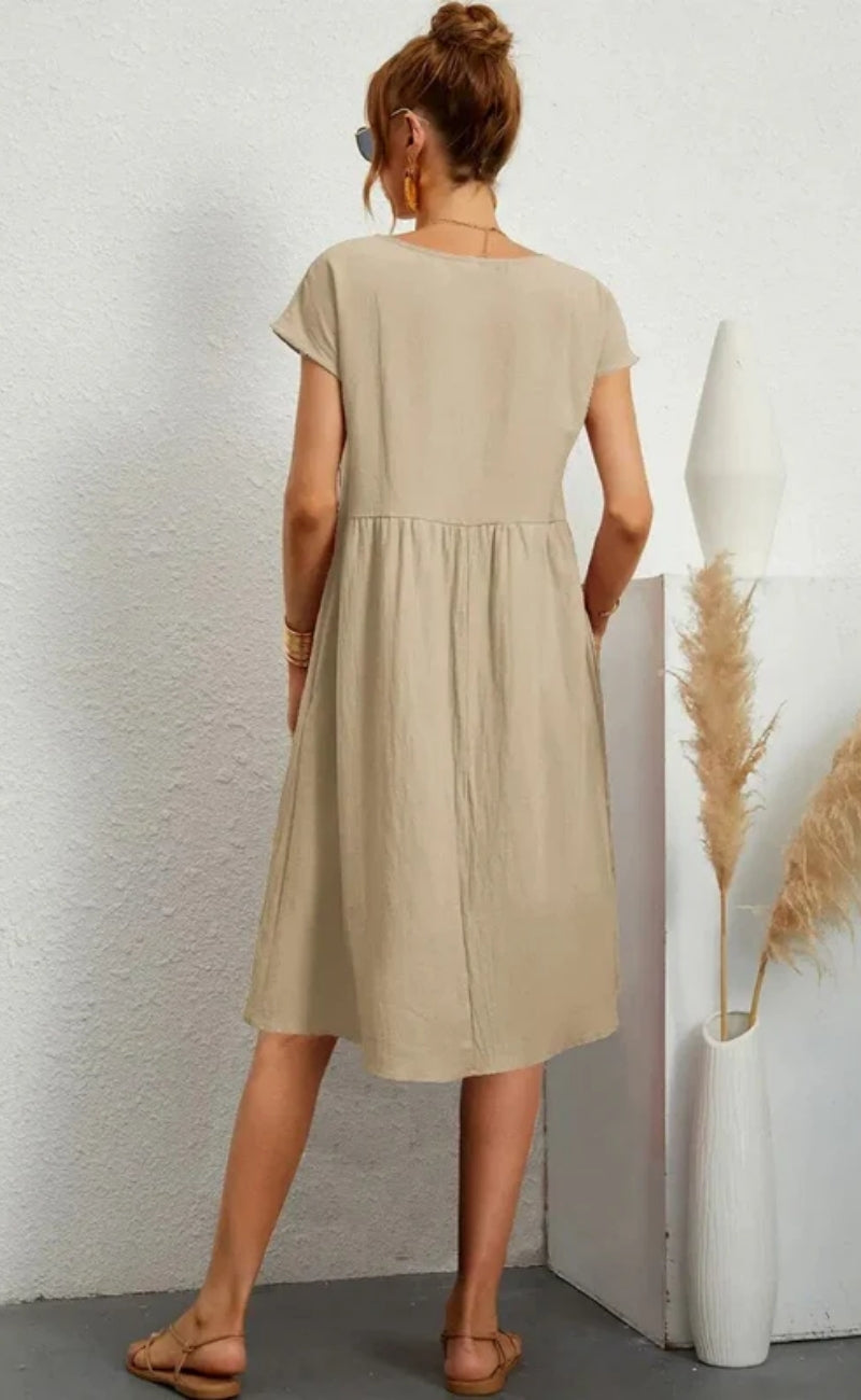 Damen Midikleid mit Rundhalsausschnitt und kurzen Ärmeln mit Taschen