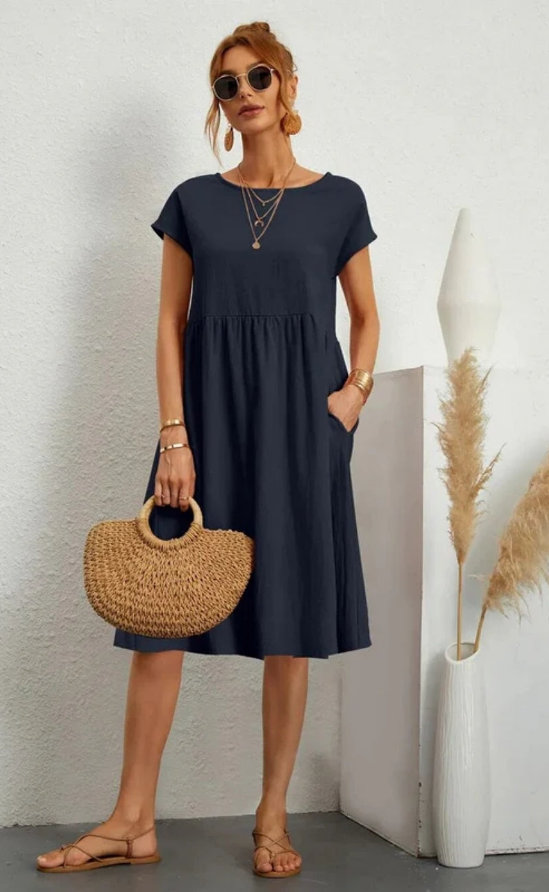 Damen Midikleid mit Rundhalsausschnitt und kurzen Ärmeln mit Taschen