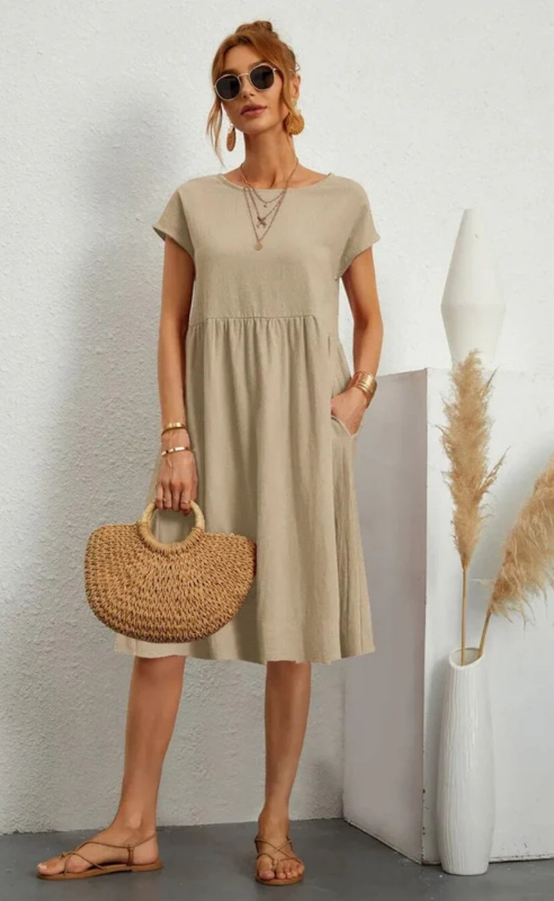 Damen Midikleid mit Rundhalsausschnitt und kurzen Ärmeln mit Taschen