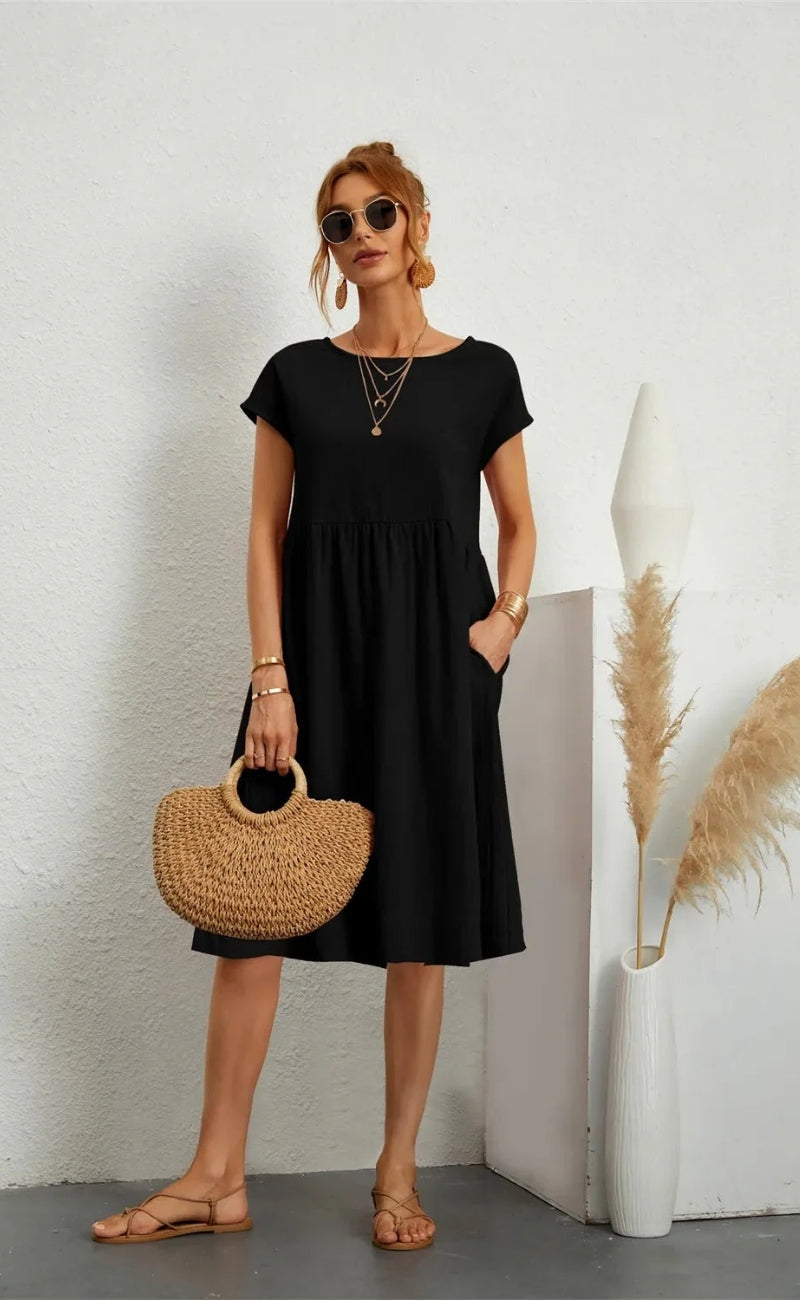 Damen Midikleid mit Rundhalsausschnitt und kurzen Ärmeln mit Taschen