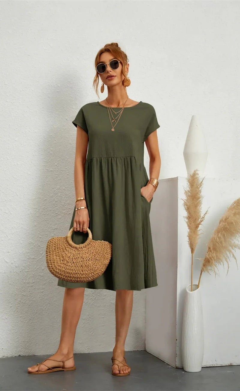 Damen Midikleid mit Rundhalsausschnitt und kurzen Ärmeln mit Taschen
