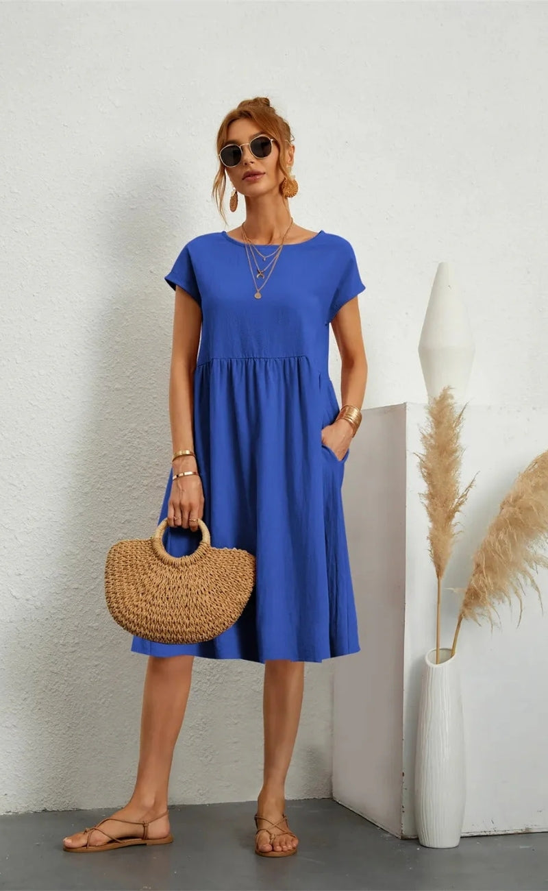 Damen Midikleid mit Rundhalsausschnitt und kurzen Ärmeln mit Taschen