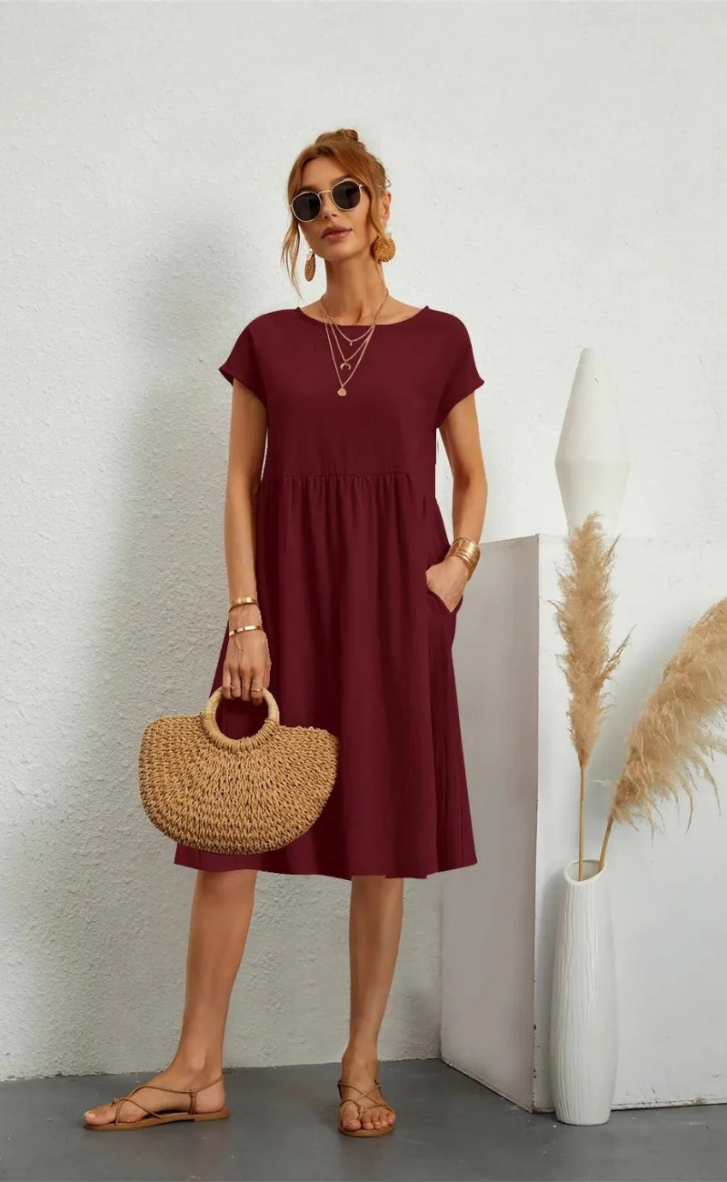 Damen Midikleid mit Rundhalsausschnitt und kurzen Ärmeln mit Taschen