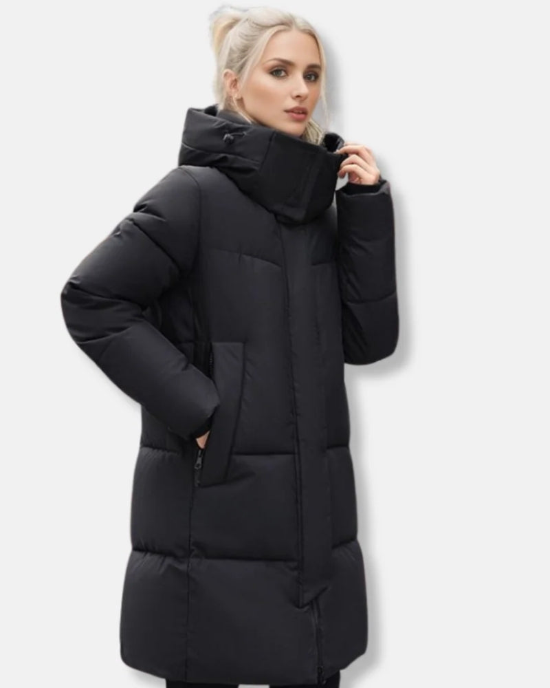 Damen Puffer Mantel – Warme Winterjacke mit Kapuze und hohem Kragen