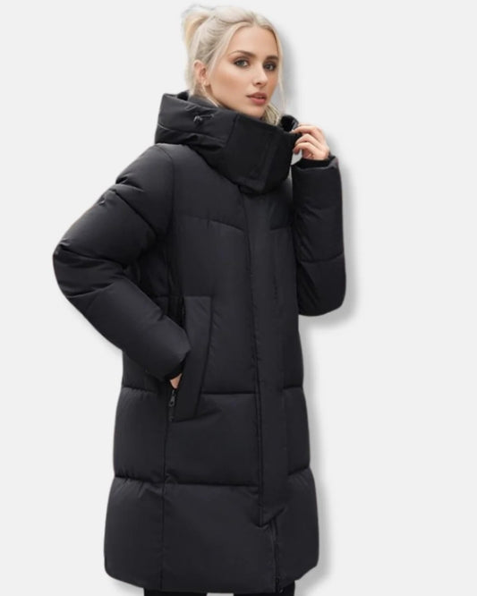 Damen Puffer Mantel – Warme Winterjacke mit Kapuze und hohem Kragen