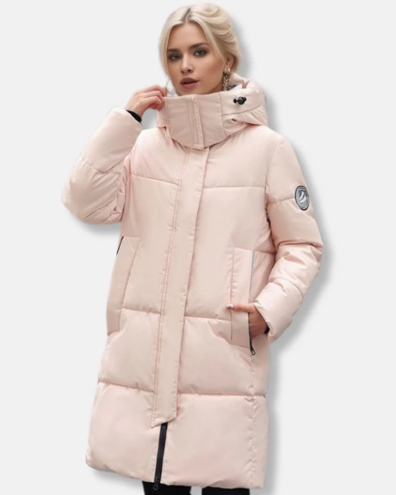 Damen Puffer Mantel – Warme Winterjacke mit Kapuze und hohem Kragen