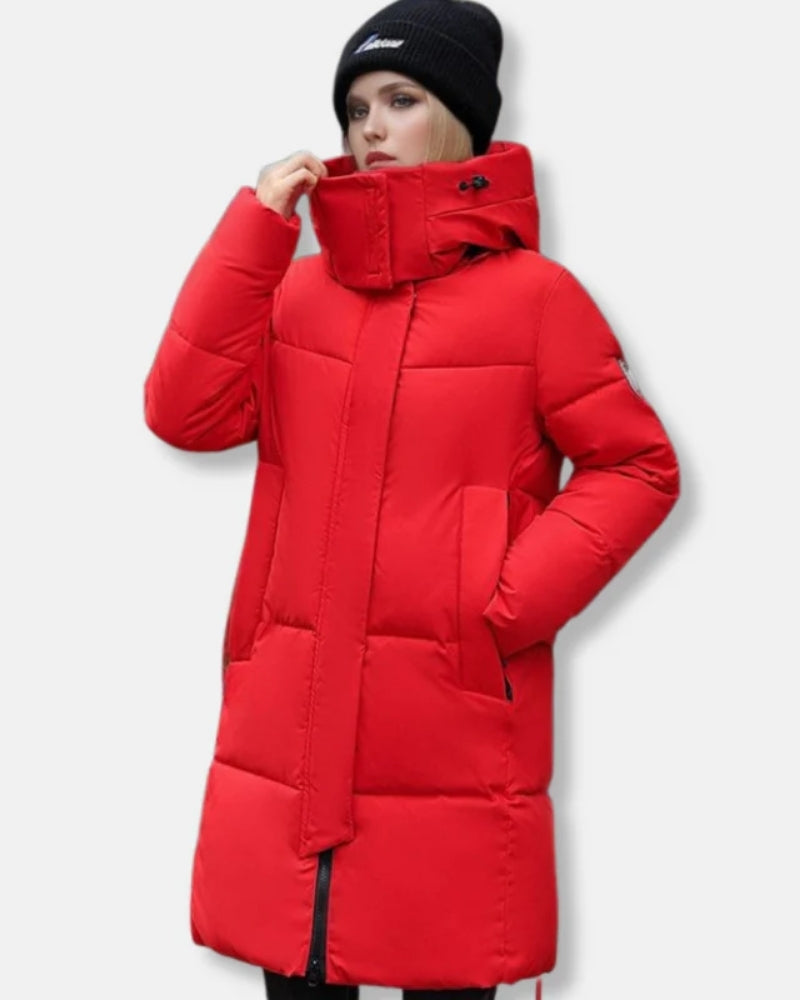 Damen Puffer Mantel – Warme Winterjacke mit Kapuze und hohem Kragen