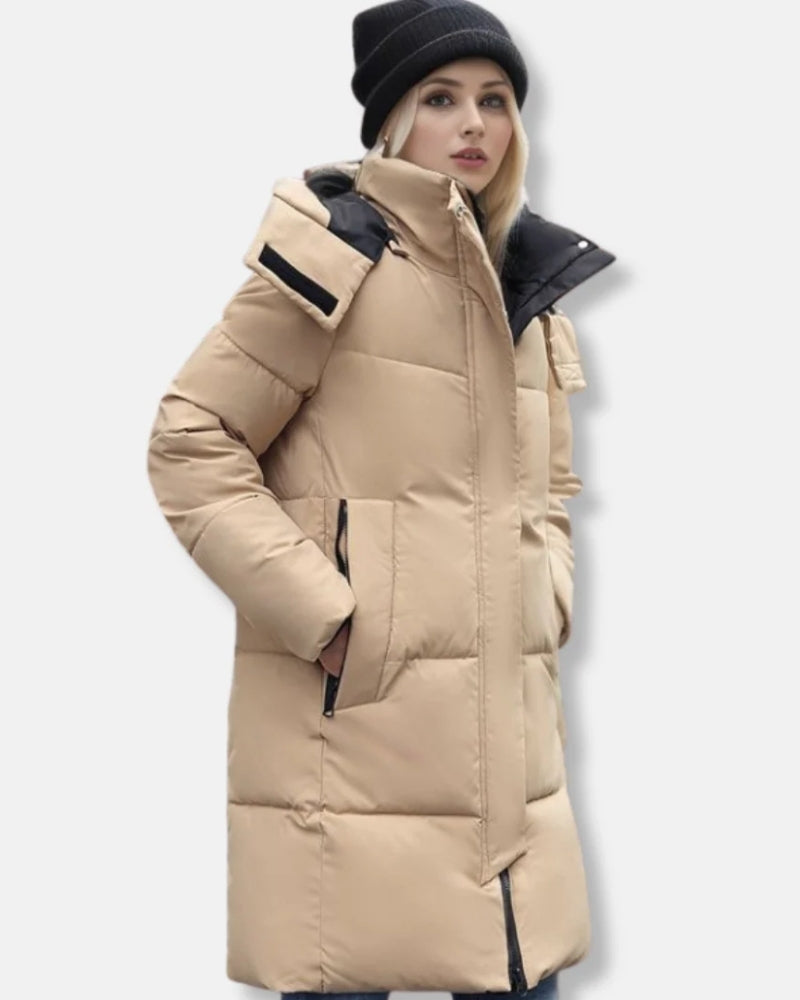 Damen Puffer Mantel – Warme Winterjacke mit Kapuze und hohem Kragen