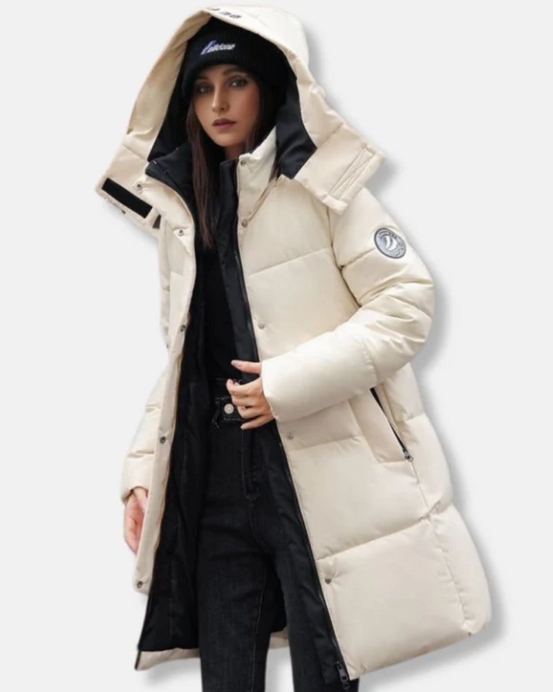Damen Puffer Mantel – Warme Winterjacke mit Kapuze und hohem Kragen