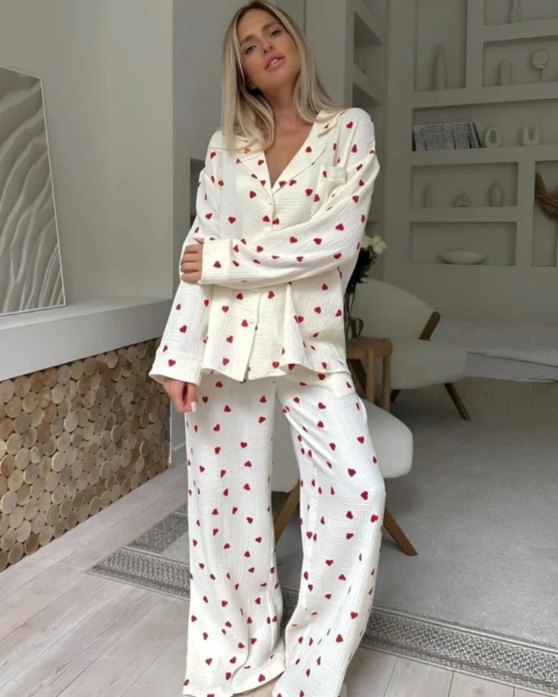 Damen-Pyjama-Set - Kuschelige zweiteilige Nachtwäsche mit Herz-Muster