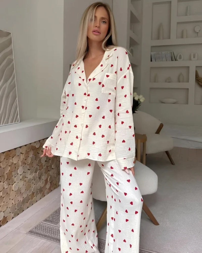 Damen-Pyjama-Set - Kuschelige zweiteilige Nachtwäsche mit Herz-Muster