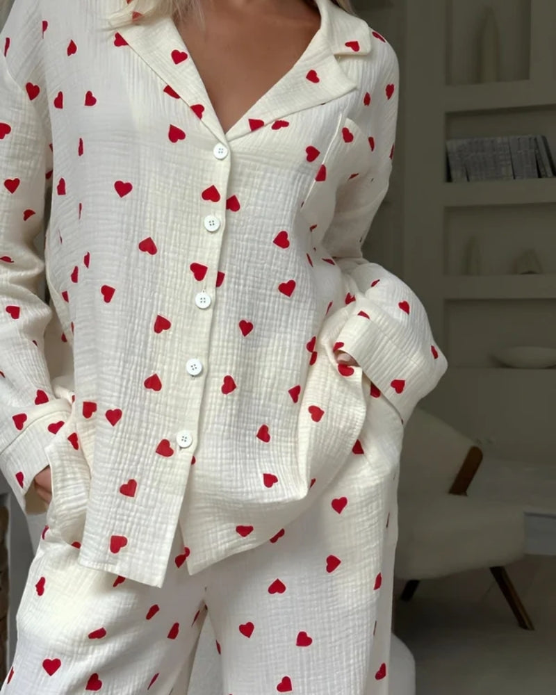 Damen-Pyjama-Set - Kuschelige zweiteilige Nachtwäsche mit Herz-Muster