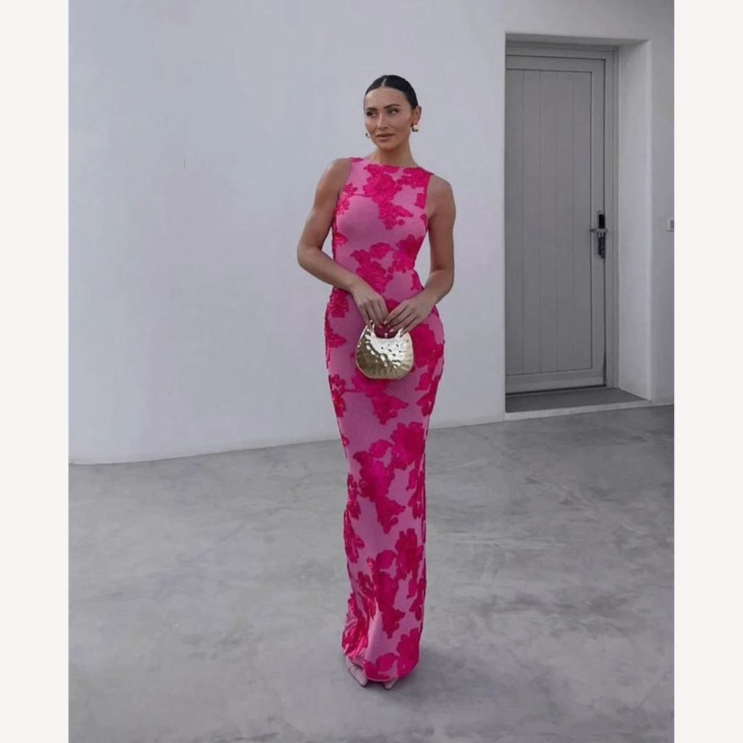 Damen Ärmelloses Abendkleid – Blumen Maxikleid mit Racer-Ausschnitt