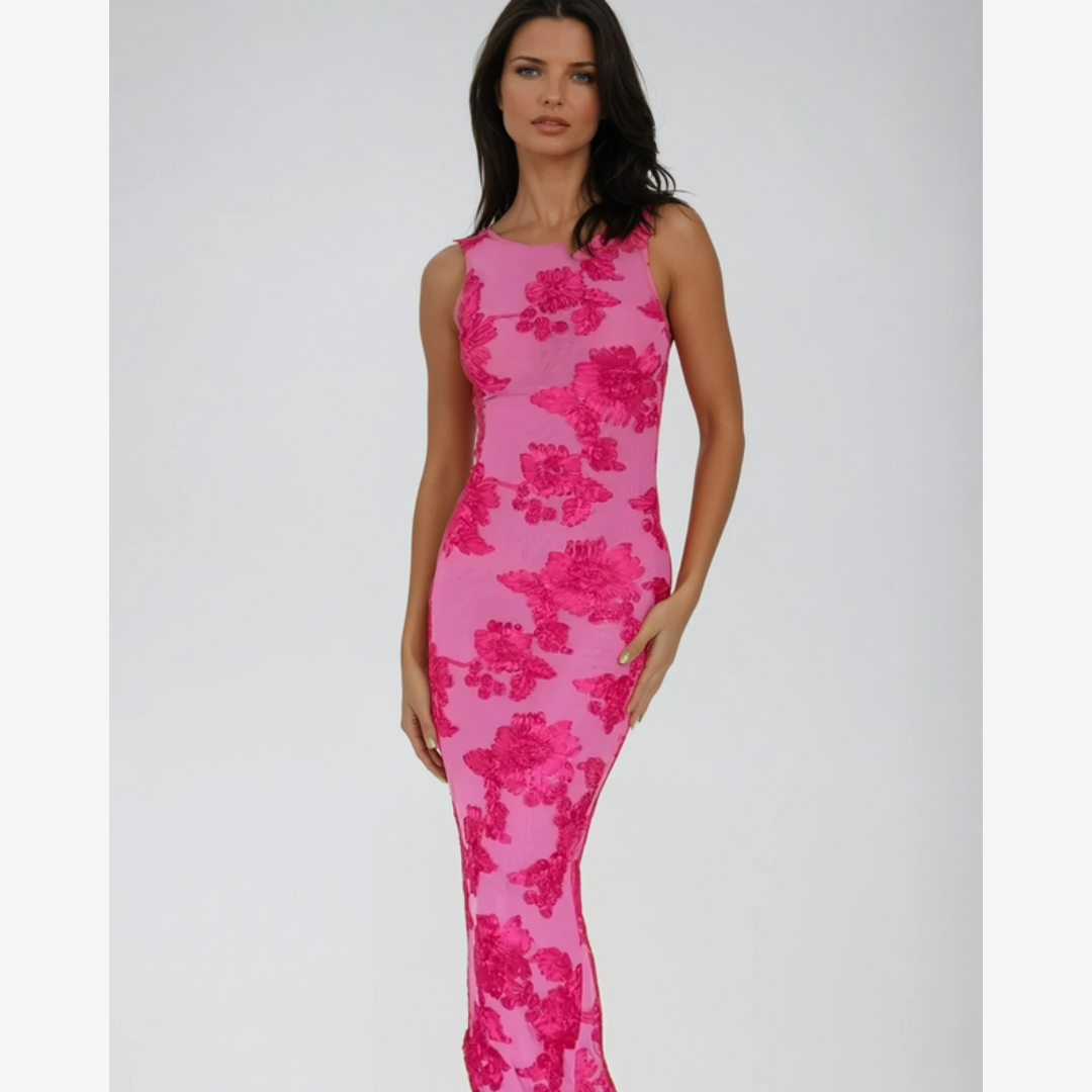 Damen Ärmelloses Abendkleid – Blumen Maxikleid mit Racer-Ausschnitt