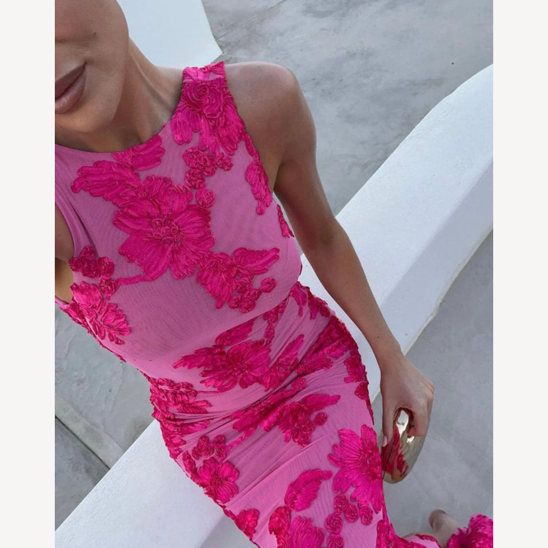 Damen Ärmelloses Abendkleid – Blumen Maxikleid mit Racer-Ausschnitt