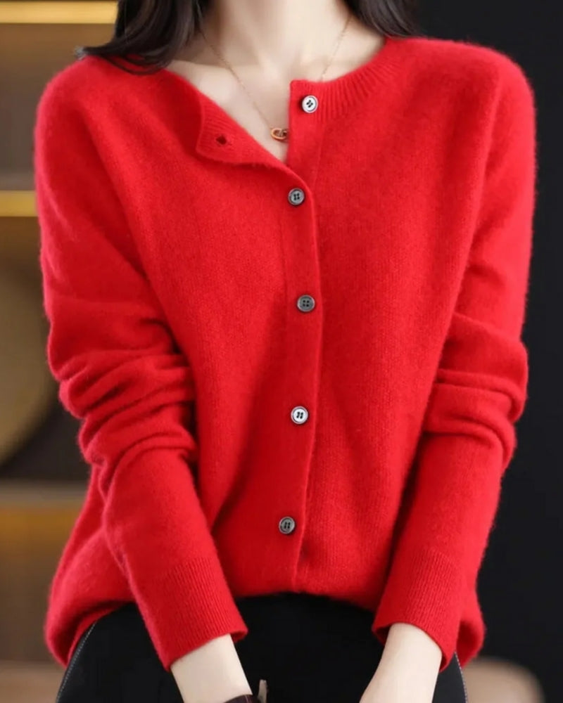 Damen-Strickjacke mit O-Ausschnitt – Weicher Strick mit Knopfleiste